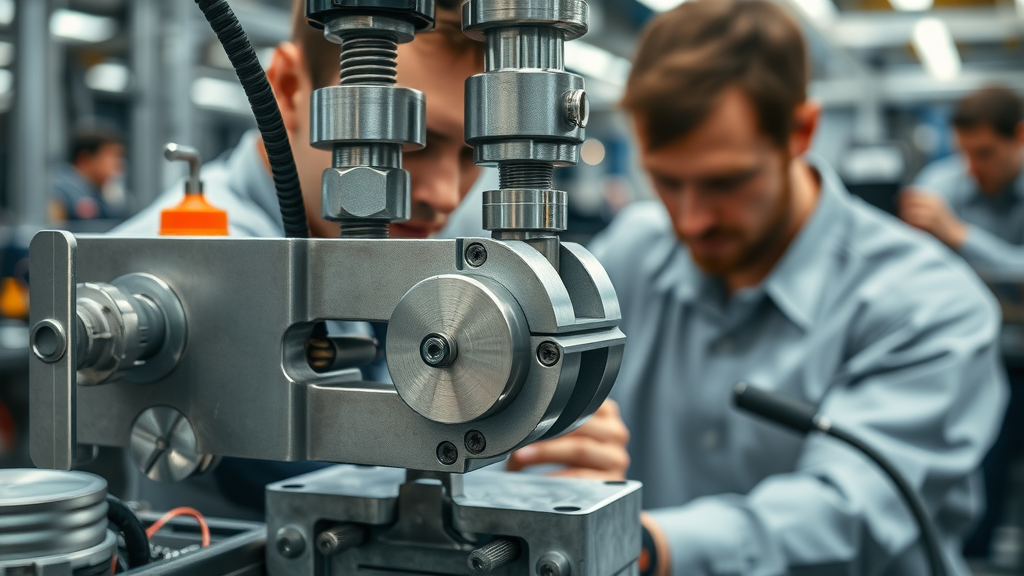 Close-up of powered clamp device on production line, clamp gripping metal workpiece, powered clamping application