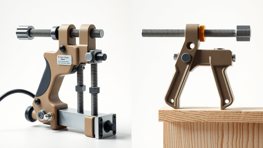 Side-by-side comparison of power clamp and toggle clamp devices in action, power clamp on metal, toggle clamp on wood, powered clamping analysis