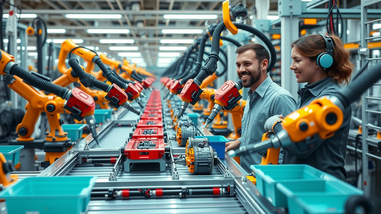Efficient assembly line with robotic arms using powered clamps, powered clamping automation
