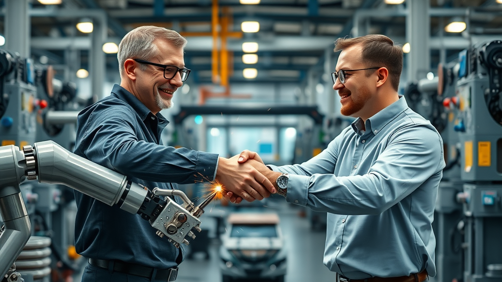 Manufacturing leaders shaking hands with factory robots over powered clamps, futuristic automated factory, powered clamping collaboration