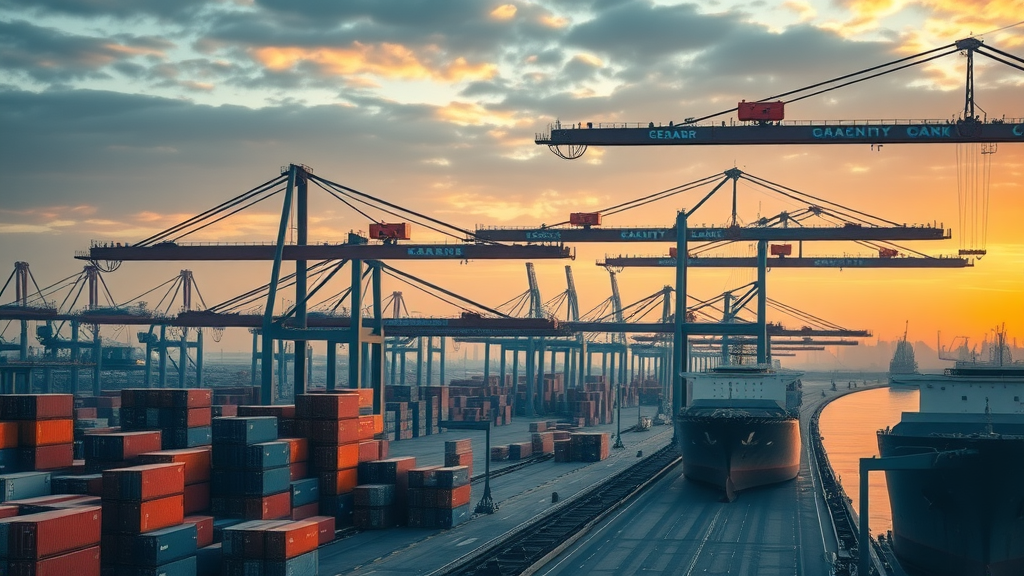 Tariff and domestic industries impacting global shipping at a busy cargo port, with industrial cranes and containers under sunrise lighting