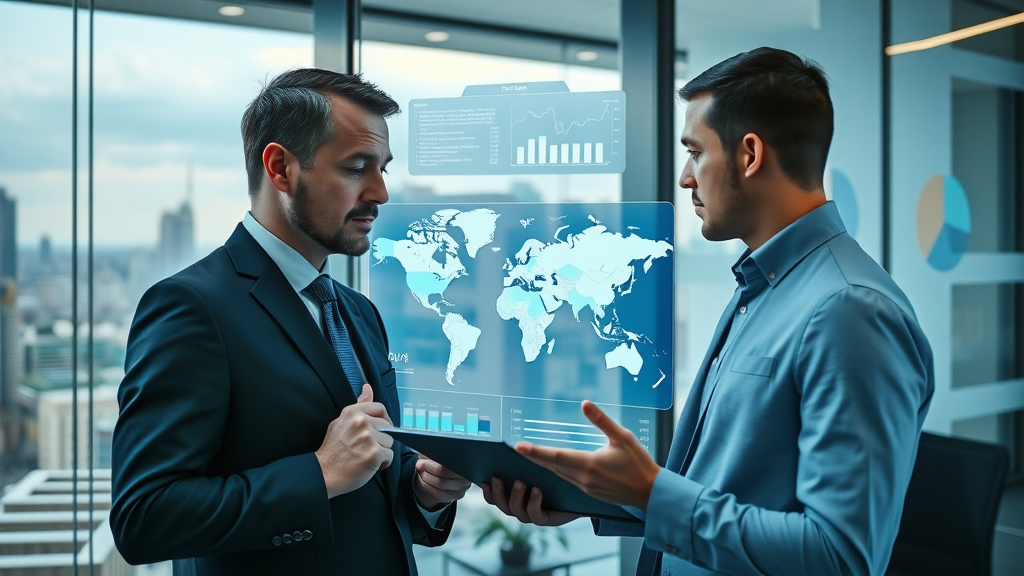 Business professionals analyzing digital tariff maps and global trade strategies, focusing on tariff and domestic industries