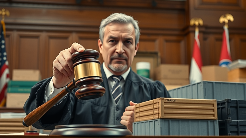 Judge’s gavel striking beside manufactured goods, symbolizing legal origins of tariffs and their role in international trade