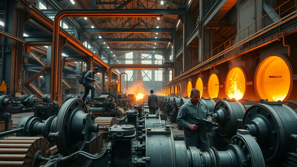 Steel mill interior with workers producing molten steel, highlighting domestic steel industry after tariffs