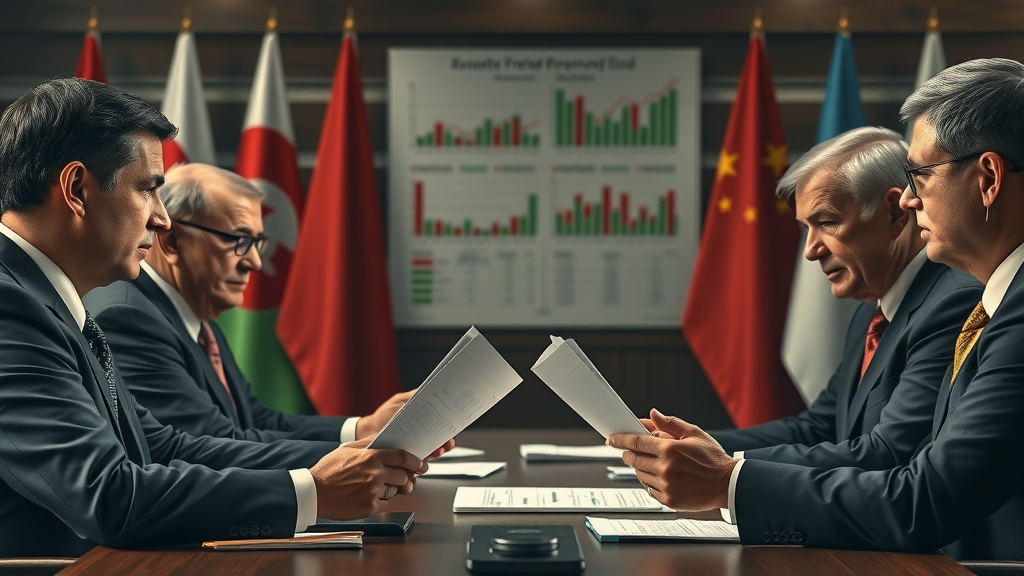 Global trade dispute negotiation table with diplomats debating tariffs, symbolizing international trade repercussions and retaliatory tariffs
