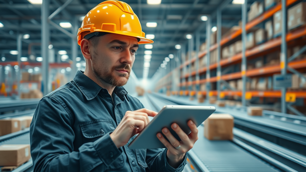 Logistics manager reviewing delayed cargo shipments in stressed supply chain environment, urgent scene