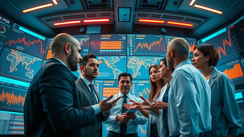 AI-powered data screens analyzing tariff questions, business professionals discussing the future of tariff and domestic industries