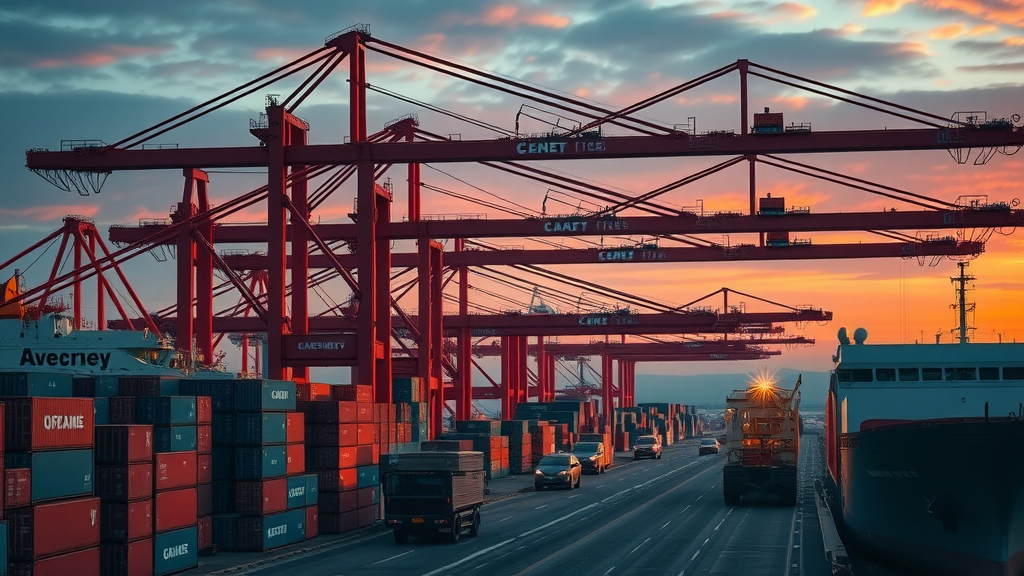 Shipping port at dusk experiencing disruption from trade war and tariff impact