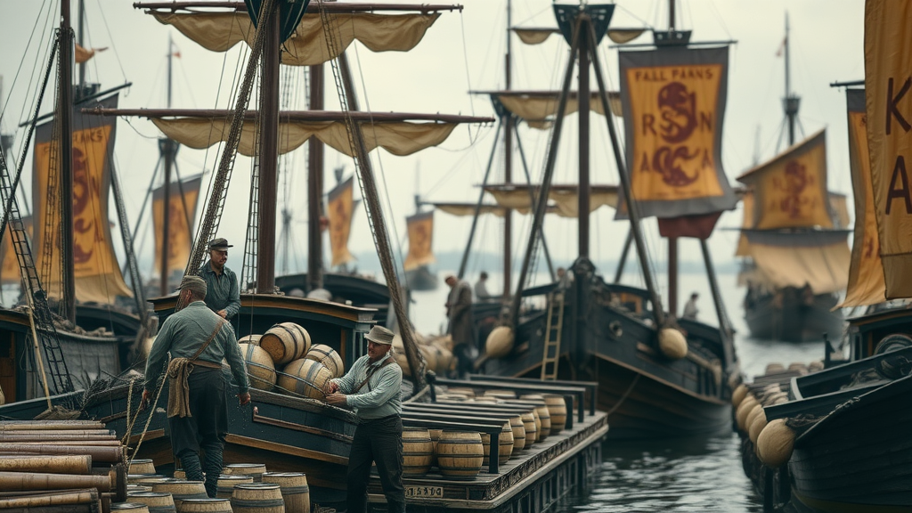 Antique shipping scene, dock workers, barrels, world trade, historic harbor, merchant banners, highly detailed, muted earth tones.