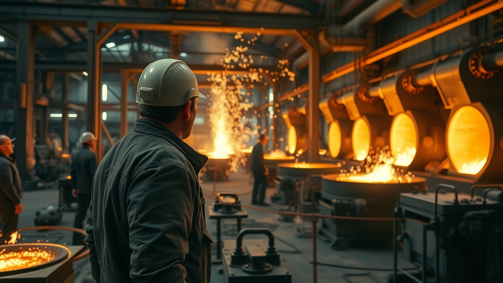 Industrial steel factory, workers overseeing molten steel, global trade tariffs, furnaces, sparks, metallic tones, Trump tariffs, dramatic lighting.
