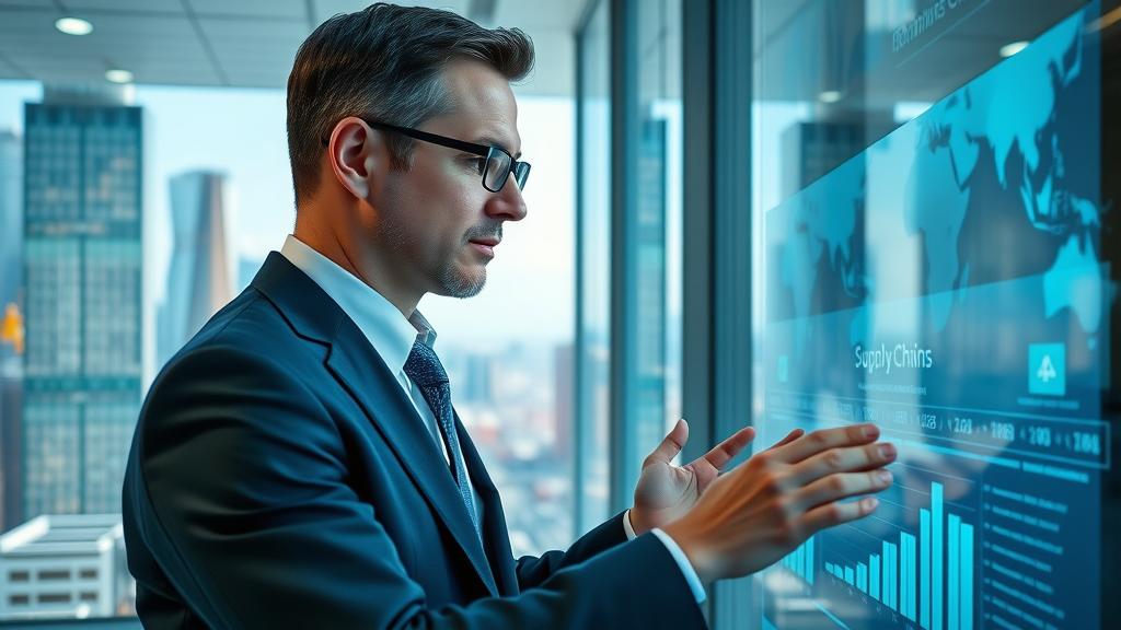 Businessperson reviewing supply chain charts, global trade tariffs, customs duties, skyscraper view, shipping graphics, data overlays, futuristic office.