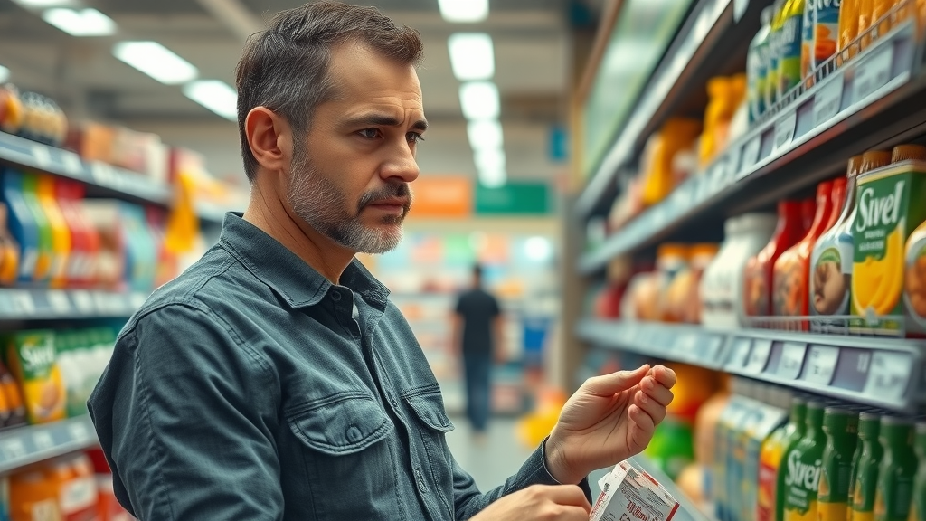 Concerned shopper, supermarket aisle, checking price tags, global trade tariffs, imported and local products, price differences, photorealistic.