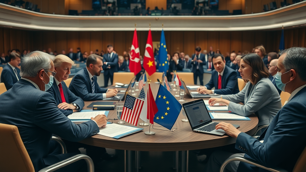 International negotiation scene, diplomats from USA and EU, global trade tariffs, round table, flags, press in background, conference hall.
