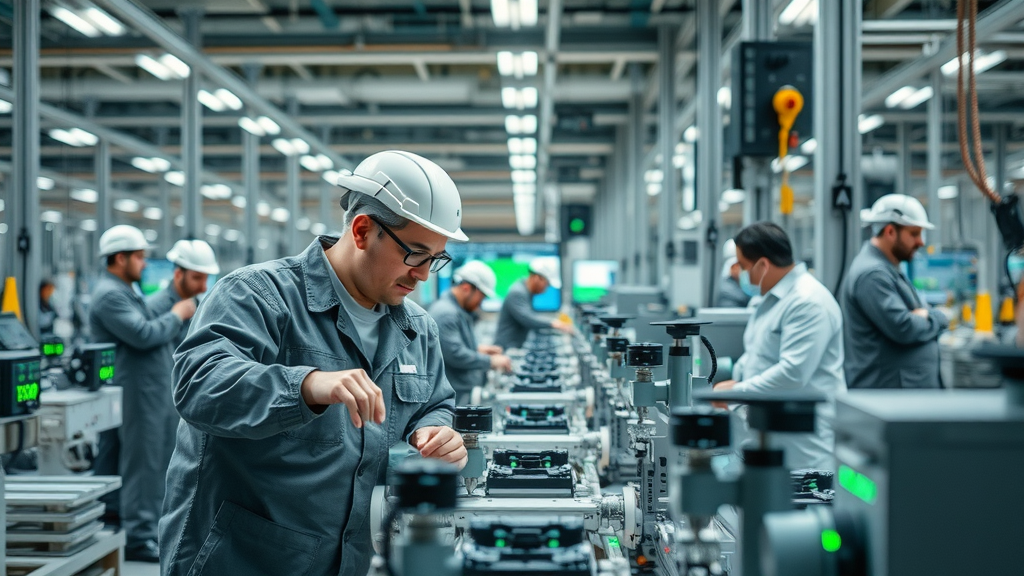 Modern high-tech manufacturing, workers on automated lines, global trade tariffs, digital displays production metrics, bright industrial lighting.