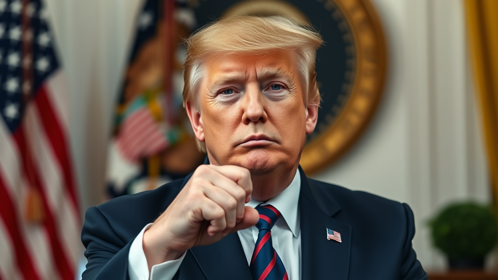 Authoritative portrait of Donald Trump, in front of US flag, global trade tariffs policy, White House office, highly detailed, portrait lens.