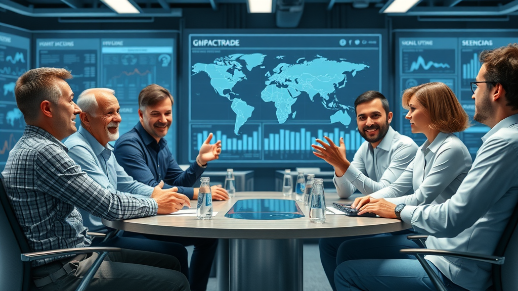 Modern manufacturing executive panel, discussing global trade tariffs data, innovation lab, interactive displays, soft spotlighting, photorealistic.