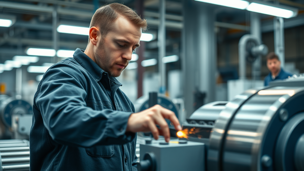 Sleek rotary grinding table in an advanced factory setting, operated by a focused technician. Precision controls, polished metal components, and high-tech machinery illuminate the transformative power of rotary grinding tables for industrial applications.