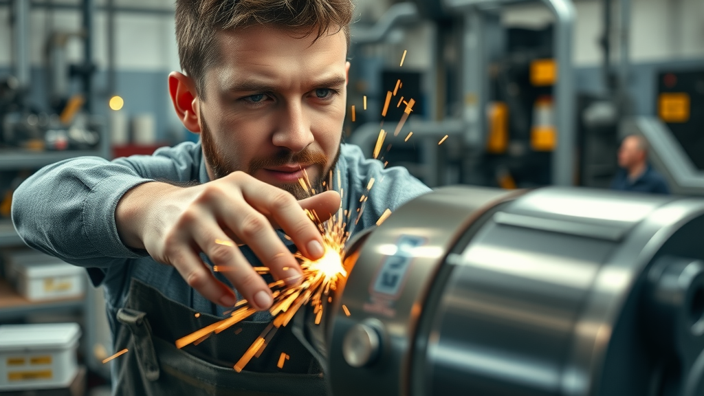Highly detailed close-up of a rotary grinding table in action, technician guiding metal parts under a rotating wheel. This showcases the superior grind precision and advanced technology of rotary grinding tables in a modern workshop.