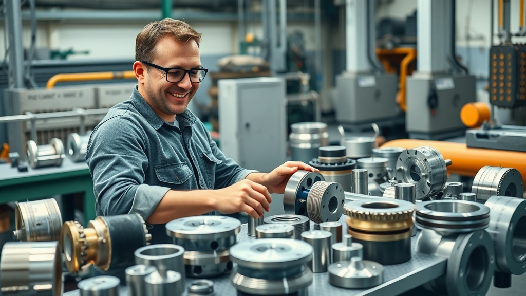 Modern rotary grinding table surrounded by diverse metal, ceramic, and composite components. Engineer evaluates seamless machined parts. This image highlights rotary grinding tables