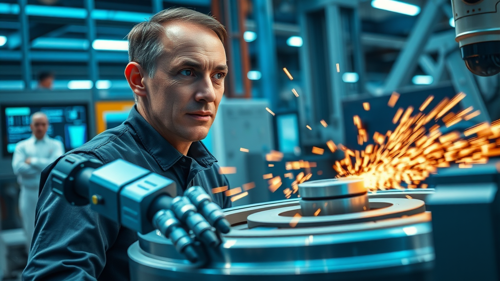 Futuristic automated rotary grinding table with robotic arms collaborating in a smart factory. Engineer looks on in amazement. Digital displays and blue lighting emphasize modern automated grinding technology.