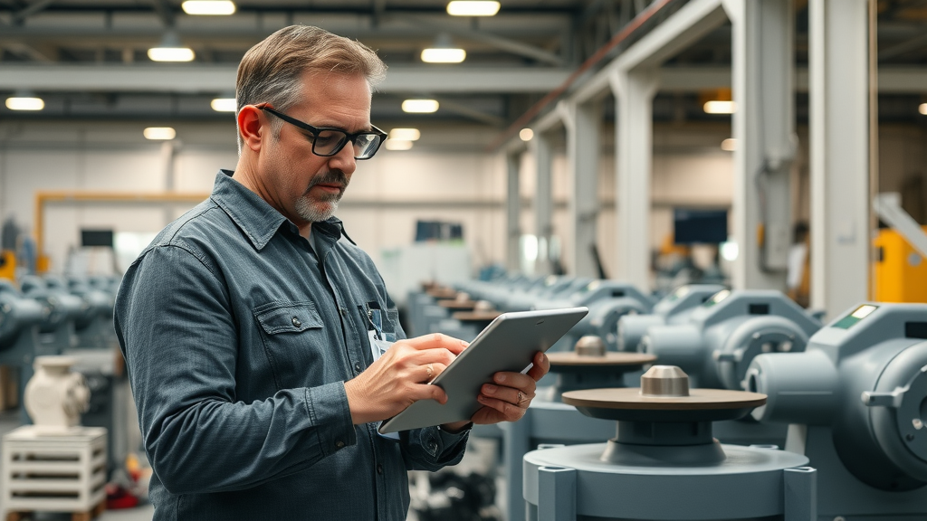 Professional buyer compares multiple rotary grinding tables with diverse specifications, tablet in hand. This image symbolizes the critical decision-making process in selecting the best rotary grinding table for your facility.