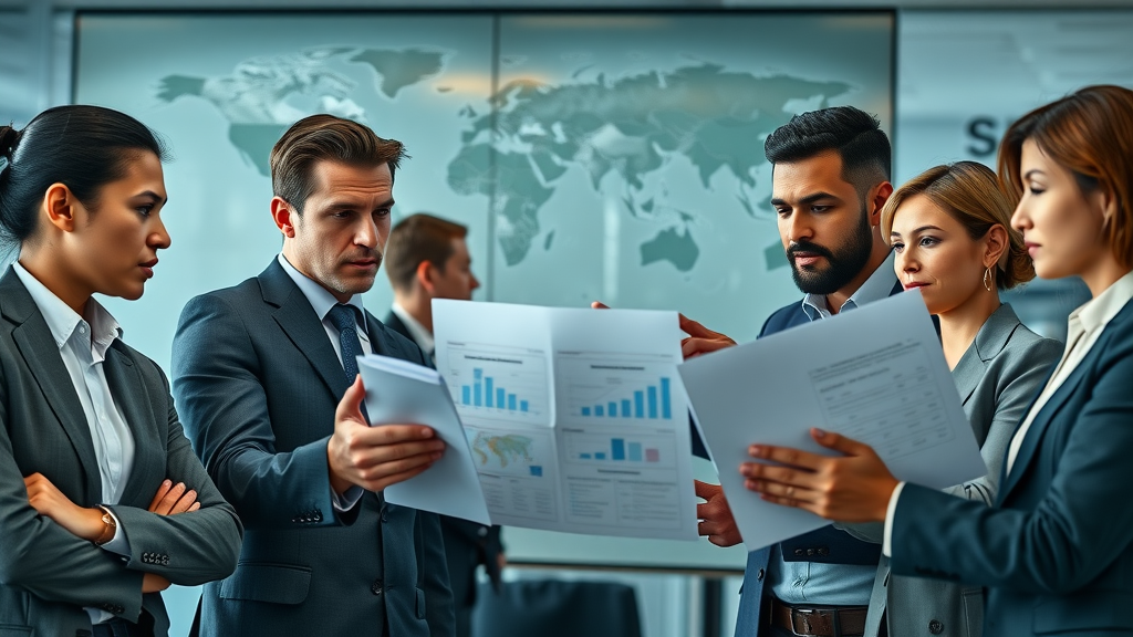 international business professionals reviewing WTO trade documents in a modern conference room with trade statistics and a world map, wto trade rules