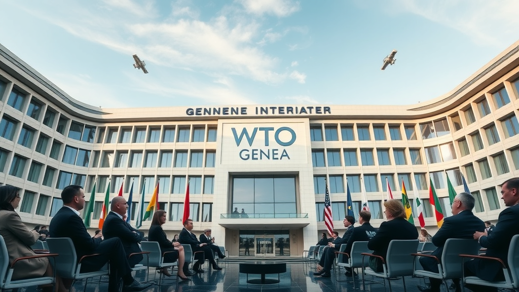 panoramic view of the WTO building in Geneva with world flags and leaders discussing global trade organization, wto trade rules