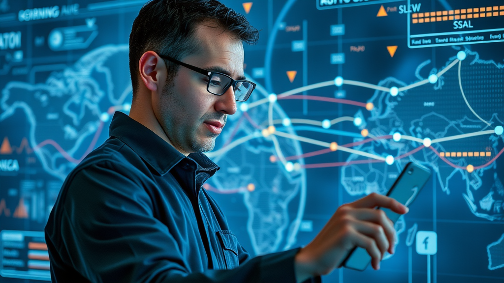 logistics manager analyzing global trade data across international shipping routes, digital trading system, wto trade rules