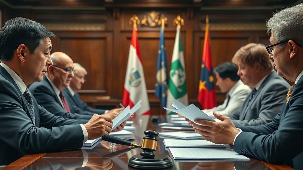 international trade dispute resolution with arbitration panel, flags and gavel, wto trade rules