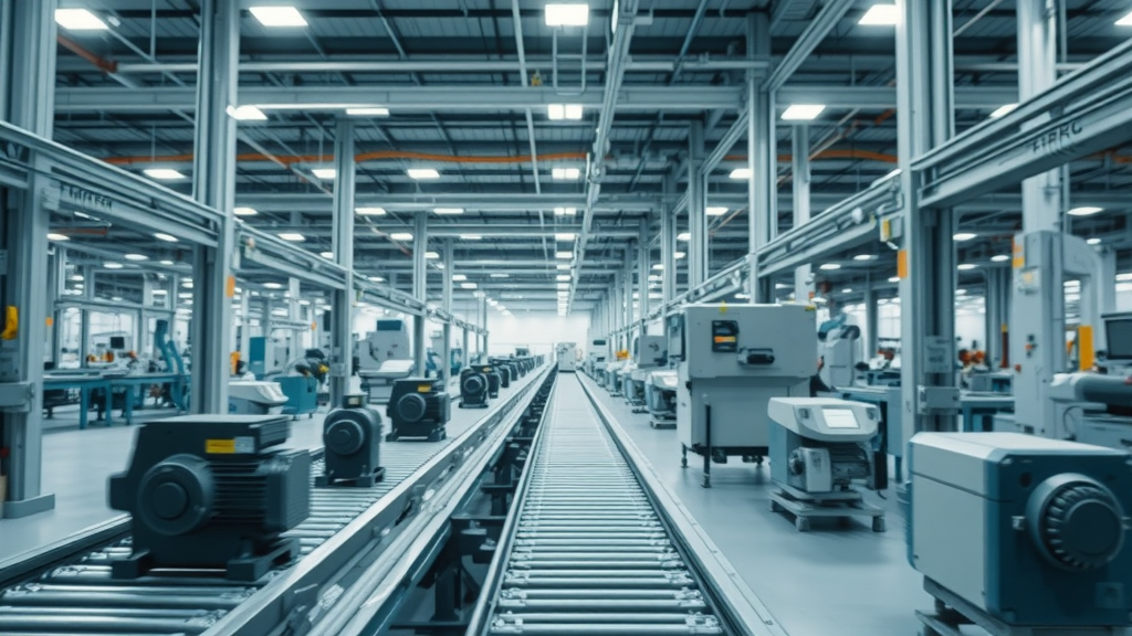 Industrial factory floor with advanced servo motors in operation, clean workspace, photorealistic with sharp depth of field, emphasizing servo motor repairs and high-tech equipment.