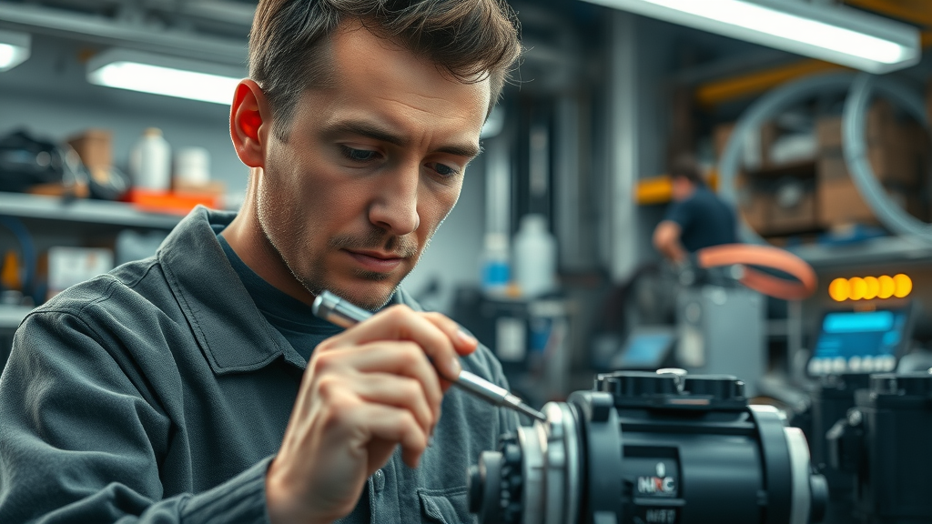 Skilled technician carefully repairing a servo motor in a modern electronics workshop, emphasizing precision in servo motor repairs.