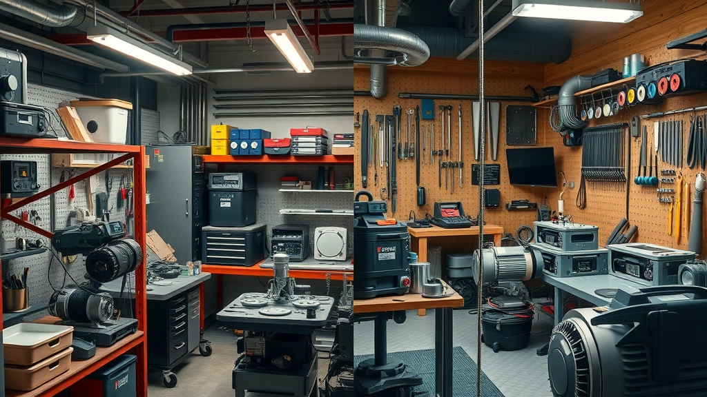 Split-view comparing professional servo motor repair workspace versus DIY setup, symbolizing the reliability of professional repair services.