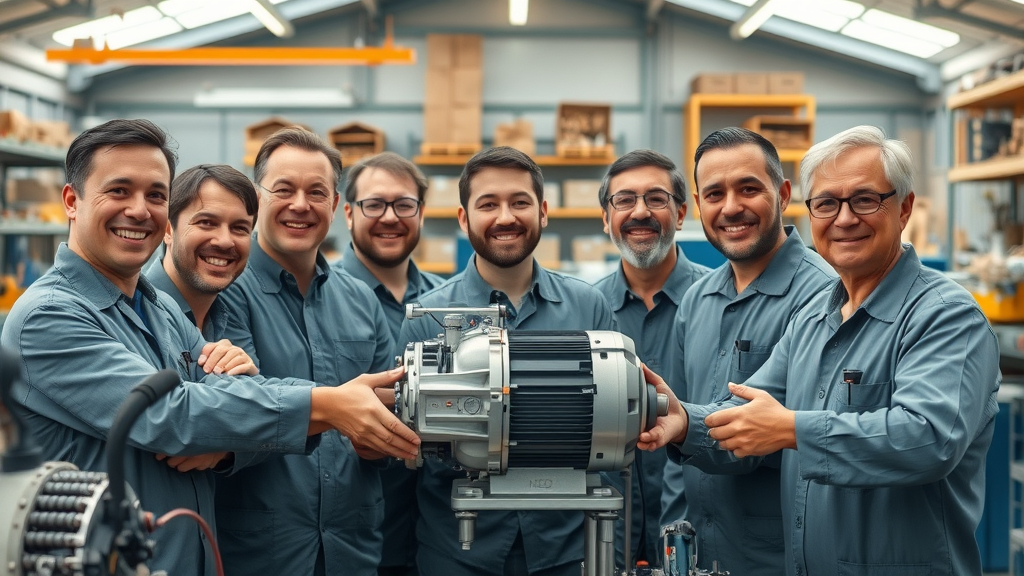 Team of engineers celebrating a successful servo motor repair, symbolizing the importance of teamwork and expertise in quality servo motor repairs.