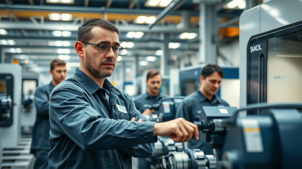 Dynamic factory floor with advanced CNC machines and streamlined tool changing units
