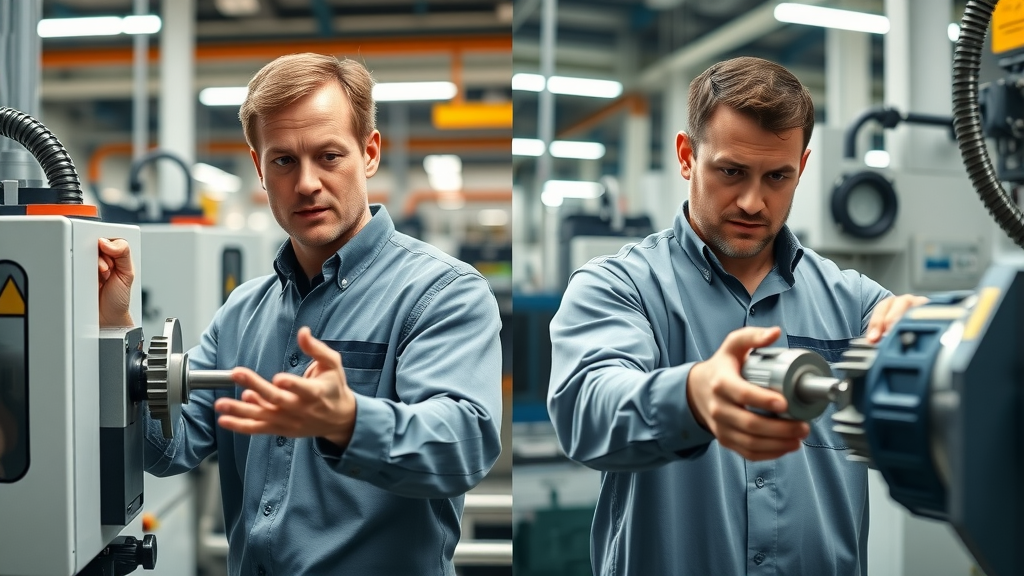 Side-by-side comparison of automatic versus manual tool changers operated by technicians
