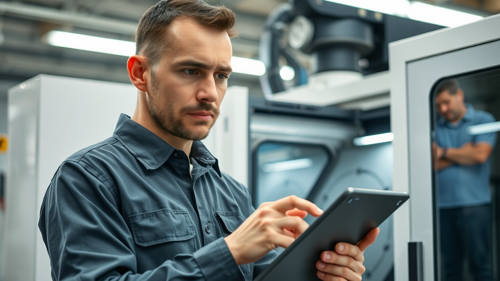 Maintenance engineer diagnosing a robotic tool changer with tablet and tools