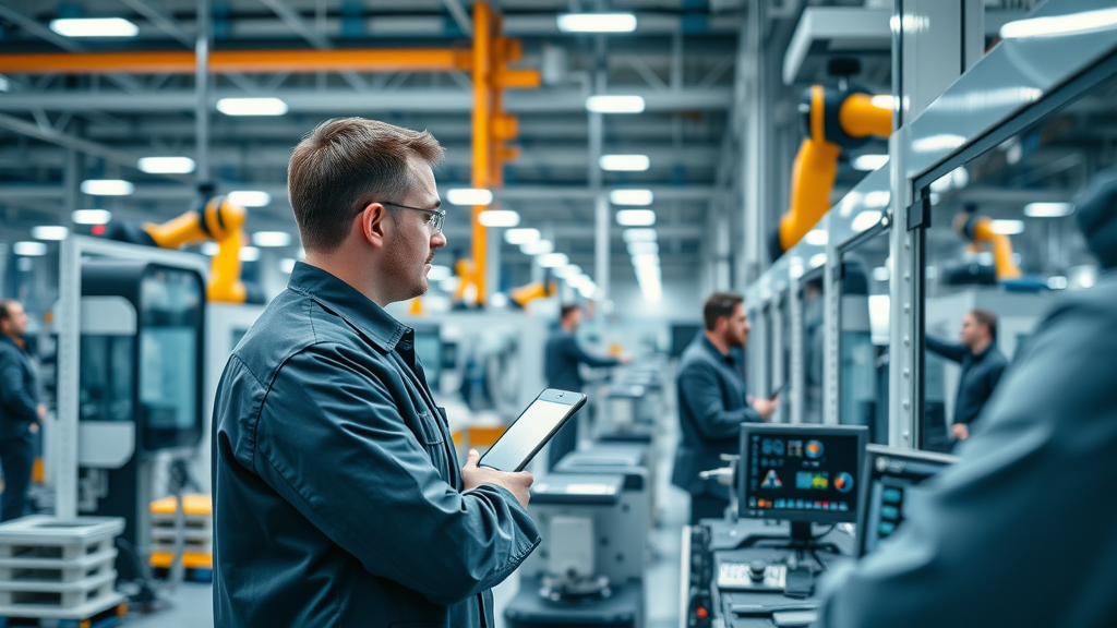 Advanced machine tools operating professionally on a high-tech manufacturing floor, monitored by technicians — machine tools, CNC machine tool, absolute machine tools in action