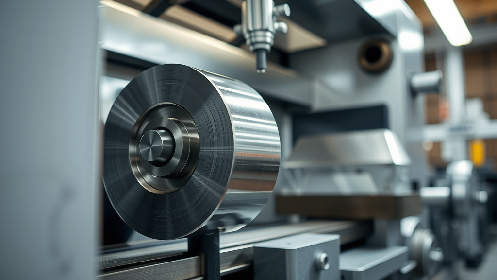 Detailed close-up of a modern CNC lathe machine, highlighting machine tool components and precision metalworking in an industrial setting
