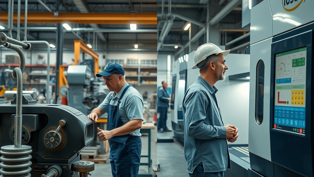Traditional manual machine tools side-by-side with modern CNC machine tool advances — technician operating both for metalworking, industry comparison