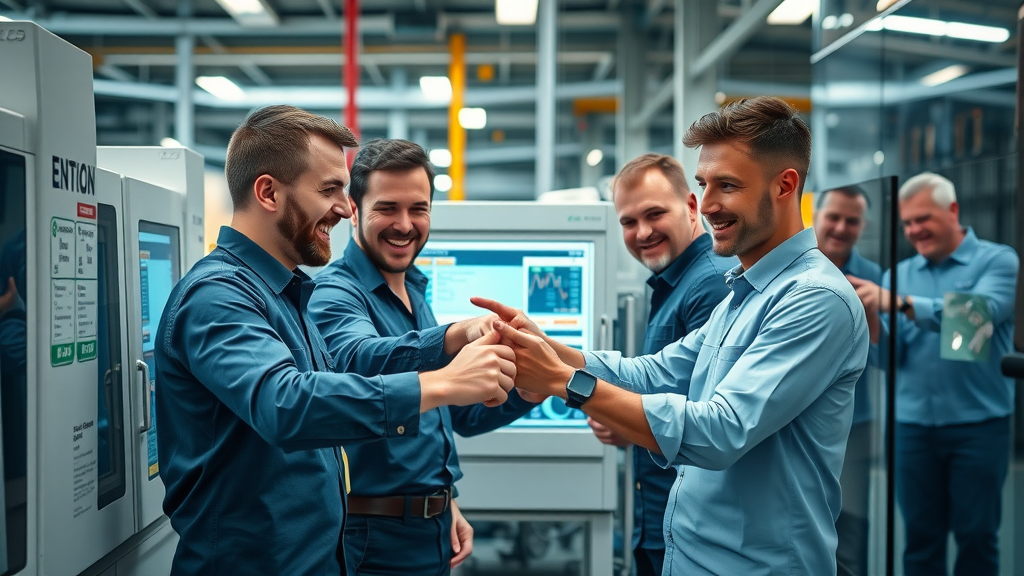 Technical team collaborating around CNC machine tool in a smart factory environment for machine tools and digital interface