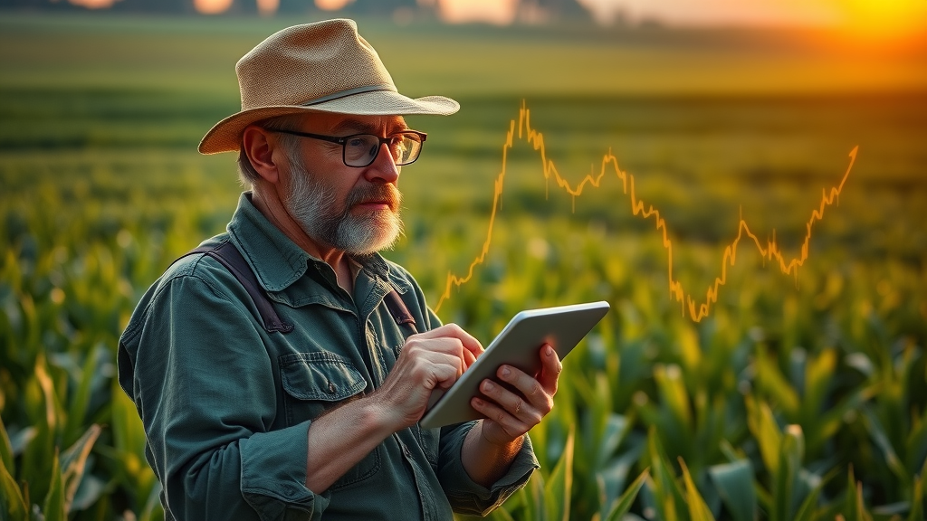 Farmer in a crop field analyzing rising input and production costs under general inflation, with digital graphs overlay