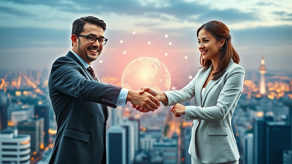 Vibrant global business network showing international professionals shaking hands across digital maps with modern cityscape and digital trade routes, illustrating trade liberalization effects