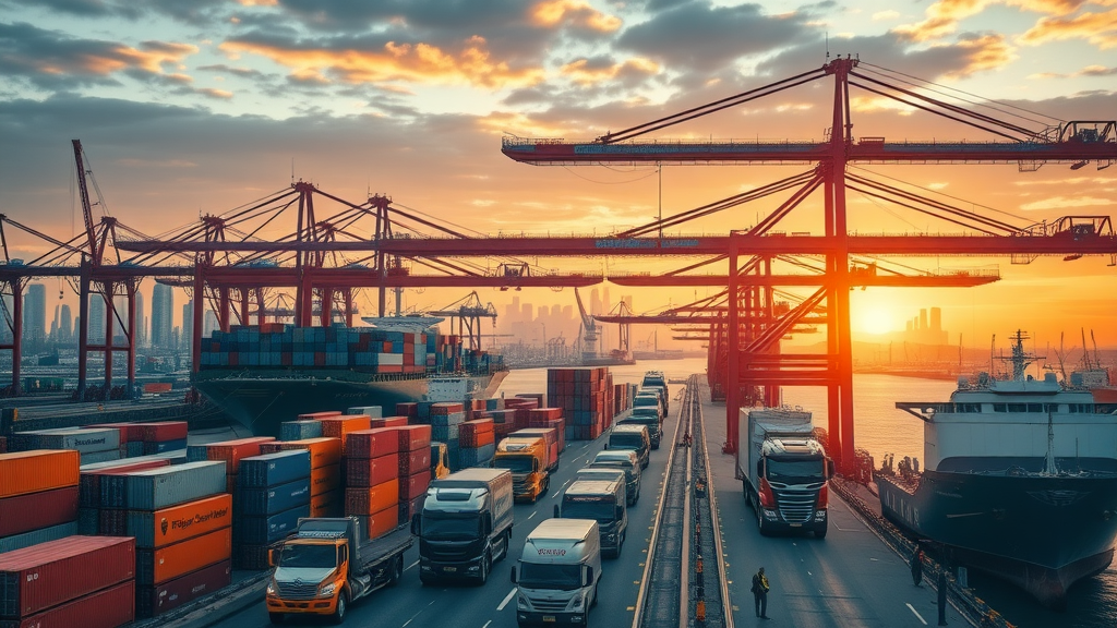 Dynamic international trade port with busy cargo ships and workers, representing global trade and the effects of trade liberalization in the world economy