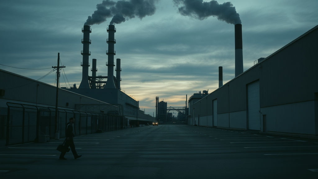Somber closed factories at dusk, workers leaving, representing negative effects and risks associated with trade liberalization effects in the world economy
