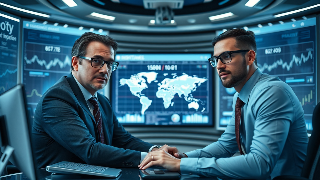 Resilient business leaders hosting a global video conference, discussing world economic graphs and adapting strategies for trade liberalization effects