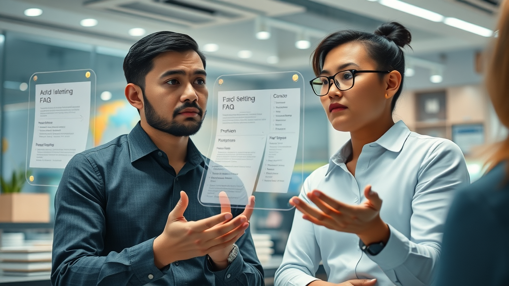 Curious entrepreneurs interacting with AI-powered global trade assistant, exploring FAQs about the effects of trade liberalization and strategic adaptation