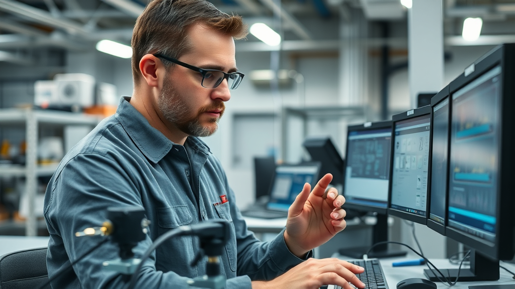 Manufacturing engineer analyzing non-contact automated gaging sensors at a high-tech workstation, highlighting selection of automated gauging systems for process control