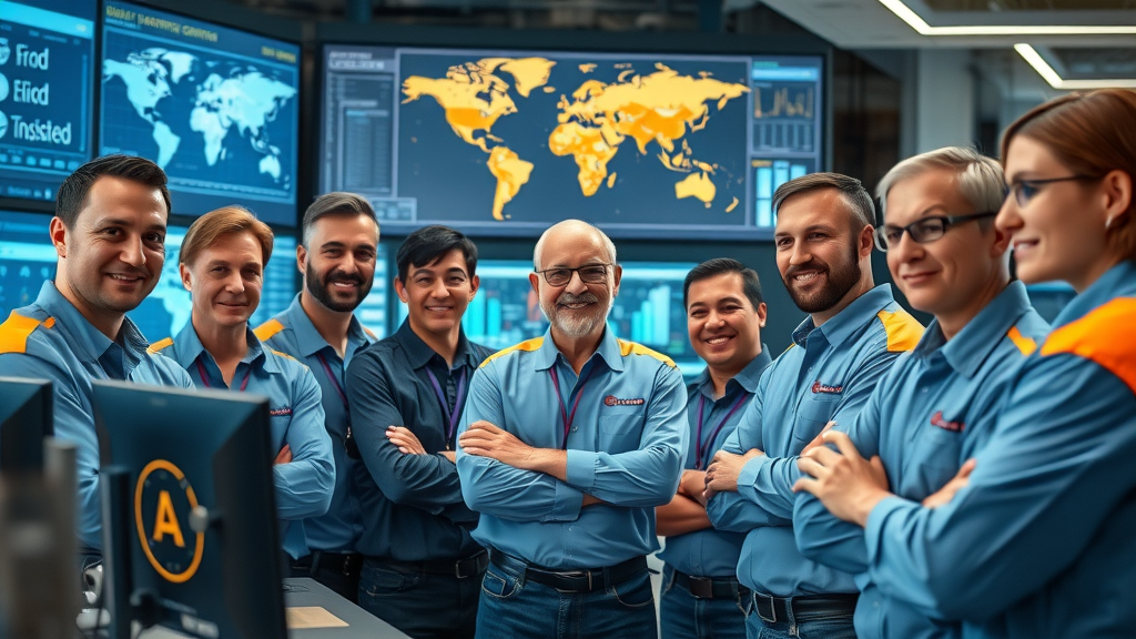 Team of engineers reviewing real-time quality control data from non-contact automated gaging systems in a global manufacturing control room, demonstrating the power of automated gauging systems