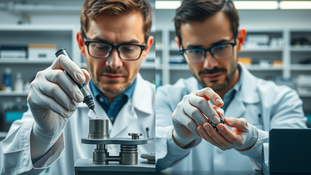 Side-by-side comparison of technician using contact gauging probe and non-contact laser sensor to measure precision components, illustrating differences in non-contact and contact gauging systems