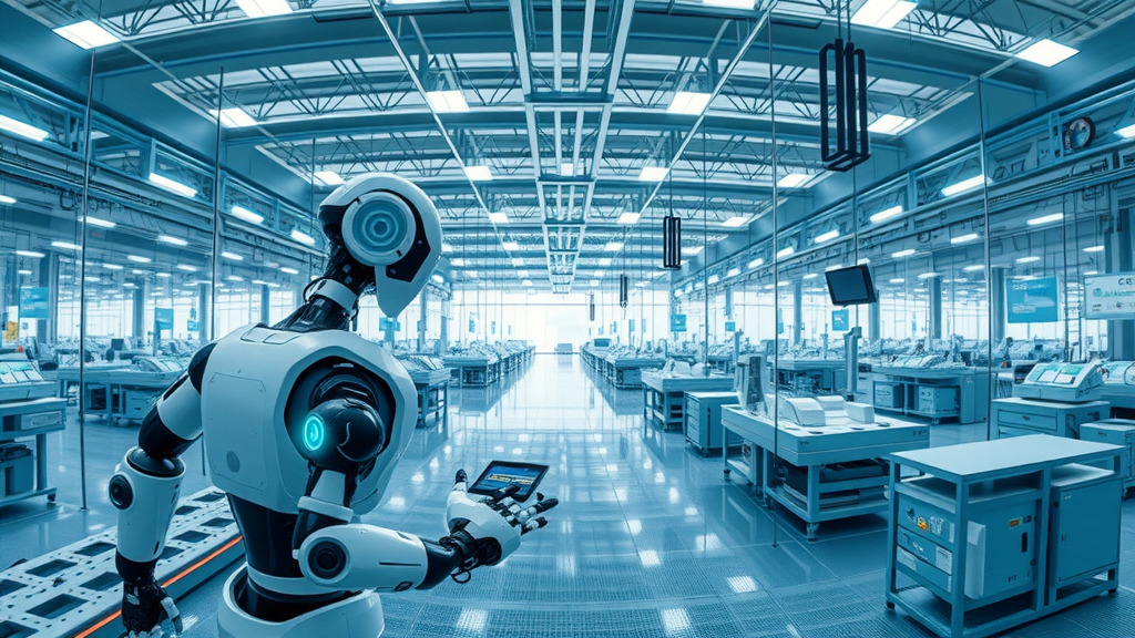 Futuristic smart factory floor powered by non-contact automated gaging, depicting autonomous robots, advanced sensors, and panoramic production lines, emphasizing innovation and efficiency in manufacturing environment